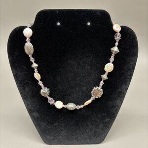Artisan Silver Plated Bead Necklace Coin Pearl Pink Crystal Floral Toggle Clasp